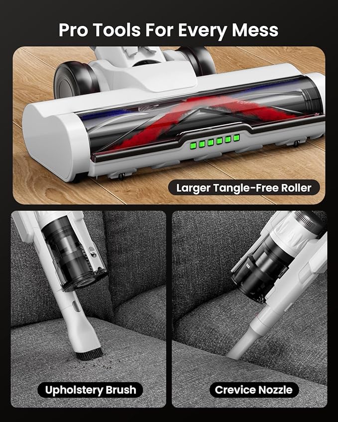 Cordless Vacuum Cleaner for Home, Upgraded 60Kpa Powerful Suction Pet Hair Vacuum with 70min Runtime, Green LED Light for Hardwood Floors & Carpet, Self-Standing Rechargeable Stick Vacuum, Off-white