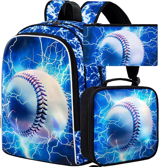 KLFVB 3PCS Boys Bookbag, 17" Kids Backpack and Lunch Box, Water Resistant Teenagers School Bag for Middle Elementary - Lightning Baseball