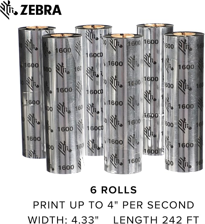 Zebra Standard Black Wax Ribbon for Thermal Transfer Desktop Printers Width 4.33 in Length 242 ft 0.5 in Core Pack of 6 Rolls Compatible with Multiple Models 10031723SP