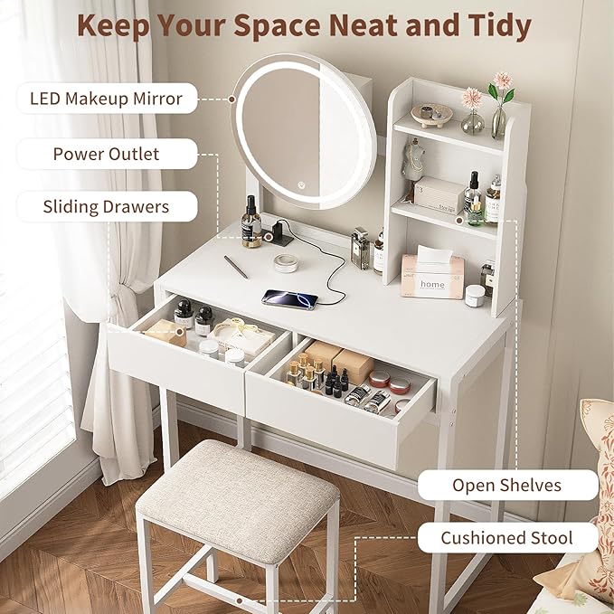 Small Vanity Desk with Mirror and Lights, Makeup Vanity Table with LED Mirror, 3 Lighting Modes, Power Outlet, Drawer, Open Shelves and Cushioned Stool for Bedroom (White)