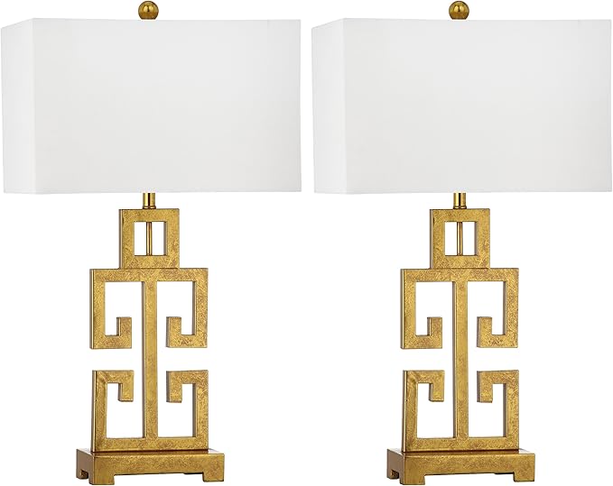 SAFAVIEH Lighting Collection – Greek Key Table Lamp Set of 2 – Antique Gold Metal Base with White Fabric Shade, LED Bulbs Included, 29-Inch Bedroom Living Room Desk Lamps (LIT4305A-SET2)