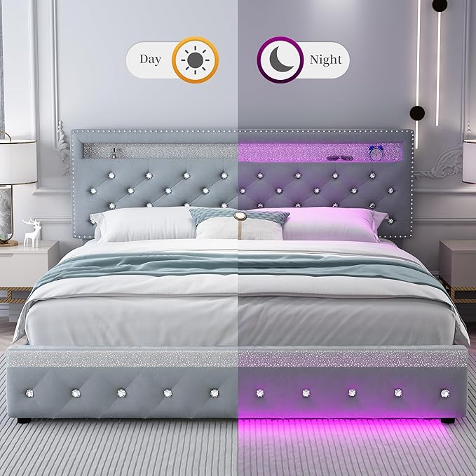 Queen Led Bed Frame with 2 Drawers, Modern Sturdy Adjustable Upholstered Crystal Button Tufted Headboard Platform Bedframe with Storage, No Box Spring Needed, Noise-Free, Easy Assembly, Velvet Grey