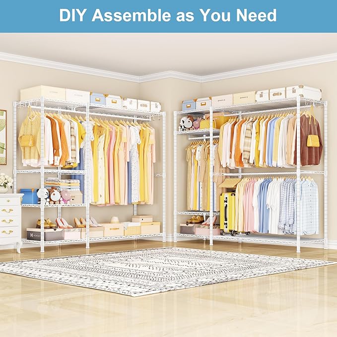 Ulif F7 Plus Garment Rack, Heavy Duty Clothes Rack, Clothing Racks for Hanging Clothes, 6-Tiers Freestanding Portable Closet Storage Rack 68'' W × 14.6'' D × 76.6'' H, Max Load 850 Lbs, White