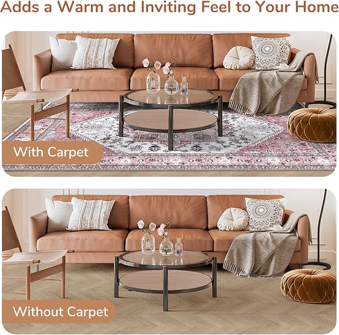 OPPODREAM Thin 8x10 Area Rugs, Washable Rugs 8x10 with Non Slip Backing, Faux Cashmere Low-Pile 8 x 10 Carpet, Pink & Cream