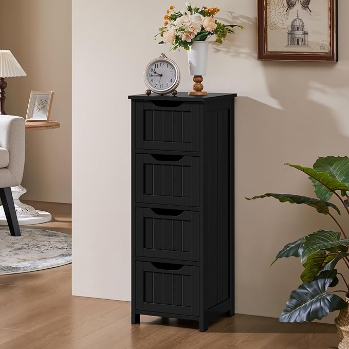 Yaheetech Bathroom Floor Cabinet, Wooden Side Storage Organizer, 4 Drawers Free-Standing Cabinet for Bathroom/Hallway/Living Room, Black
