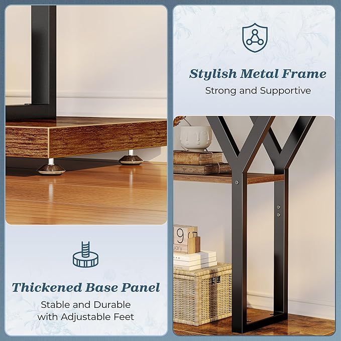 Huuger 47.2 Inch Entryway Table, Industrial Console Sofa Table, 3 Tier Accent Table, for Entry, Hallway, Entrance, Foyer, Y-Shaped Metal Base, Rustic Brown