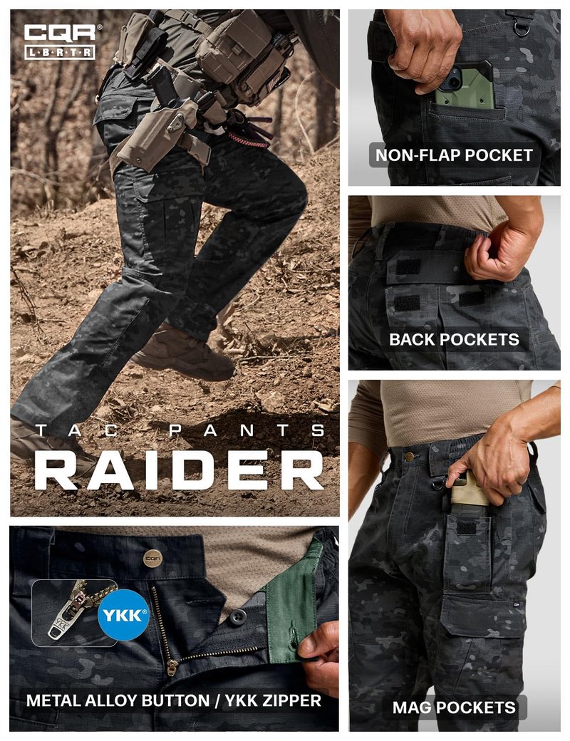CQR Men's Tactical Pants, Water Resistant Ripstop Cargo Pants, Lightweight EDC Work Hiking Pants, Outdoor Apparel, Duratex Mag Pocket Print Utility Camo Black, 36W x 36L