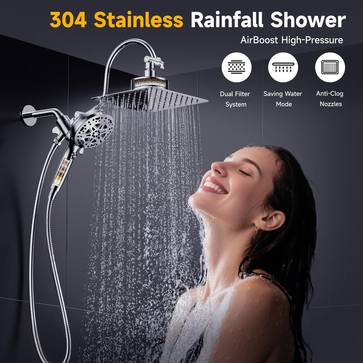 Dual Filtered Shower Head with Magnetic Handheld - 8'' Square Rain Shower Head High Pressure with Handheld Combo, 8+2-Spray Magnetic Detachable Showerhead with Power Jets, Chrome