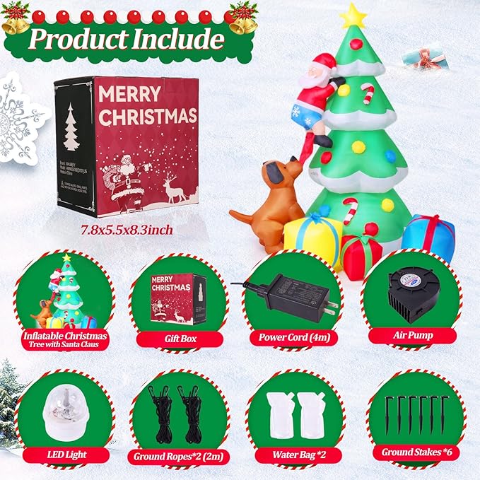 7.5FT Christmas Inflatable Outdoor Decoration Christmas Tree Christmas Dog Santa with 3 Gift Boxes Build-in Colorful LED Lights, Blow up Christmas Tree Decorations for Holiday Xmas Yard Patio Lawn