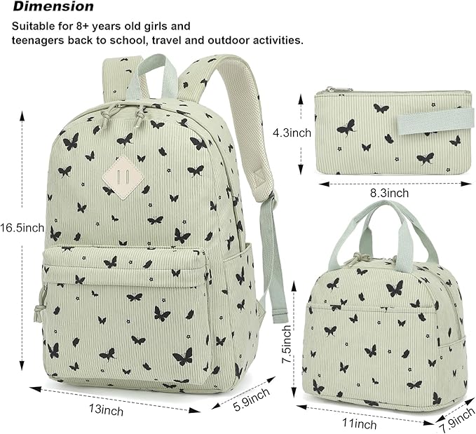 Corduroy Girls Backpack Set, 3PCS School Backpacks for Kids Elementary Middle School Bags with Lunch Box Pencil Case (Green Corduroy Butterfly)