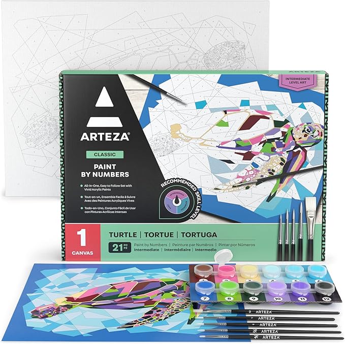 ARTEZA Paint by Number for Adults, 12x16 Inches, 21 Pieces, Turtle Paint by Numbers Kit, Comes with 1 Canvas Panel, 12 Acrylic Paint Pots, 5 Paintbrushes, Art Supplies for Home & Office Wall Decor