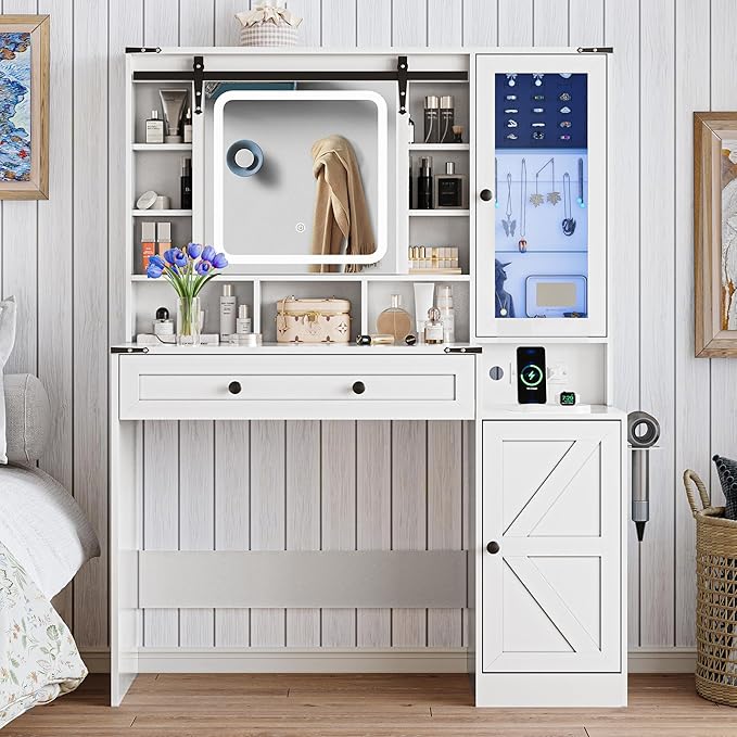 Makeup Vanity Desk with Sliding Mirror and Lights, Farmhouse Vanity Table Set with Power Outlet & RGB Cabinet, Dressing Table with Storage Drawers & Shelves for Kids Girls Women Bedroom, White
