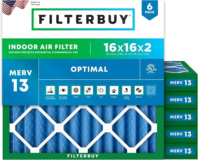 Filterbuy 16x16x2 Air Filter MERV 13 Optimal Smoke & Allergy Defense,