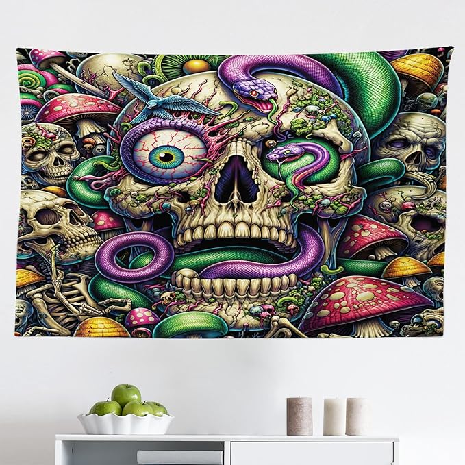 Ambesonne Trippy Tapestry, Spooky Artwork of Psychedelic Snake Mushroom Huddles Skulls Monster Eye, Fabric Wall Hanging Decor for Bedroom Living Room Dorm, 45" X 30", Green Purple Pale Khaki