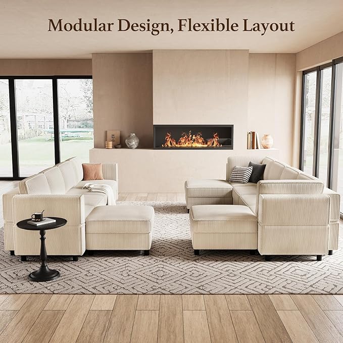 114.2" Modular Sectional Sofa with Deep Storage Seat,Corduroy 7 Seat U Shaped Sofa Couch,Modular Sofa Couch with Movable Ottoman Chaise,Upholstered Sectional Couches for Living Room,Beige