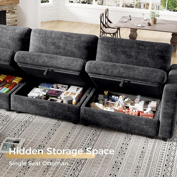 KKL Modular Sectional Sofa Couches for Living Room, 113" Sofa Couch with Adjustable Backrest, Chenille 3 Seater Sofa Couch with Comfy Cushion, Chenille, Black
