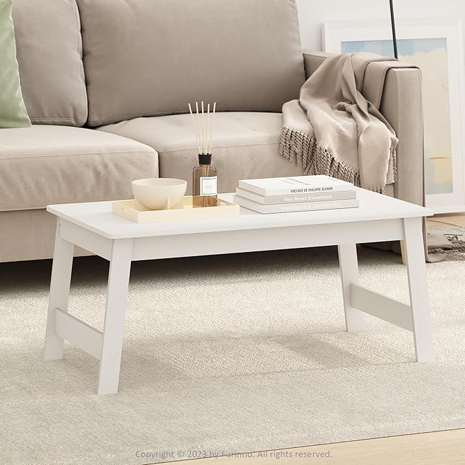Furinno Beginning Coffee Table, Rectangular Modern Coffee Table with H-Legs, Side Table, Soft Edges, Easy Assembly, for Living Room, Bedroom, Home Office, White
