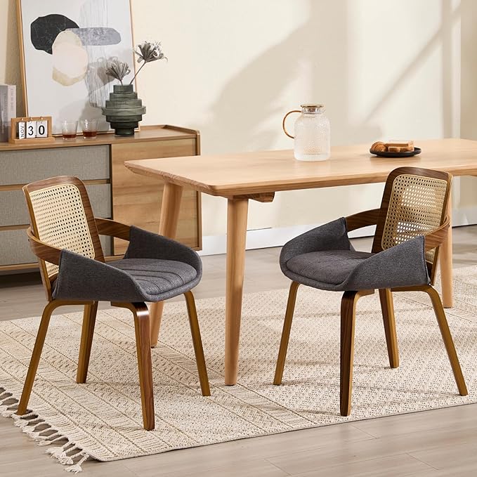 DUOMAY Modern Linen Dining Chairs Set of 2, Cane Back Room Chairs with Solid Wood Legs Kitchen Chairs for Living Room, Restaurant, Grey