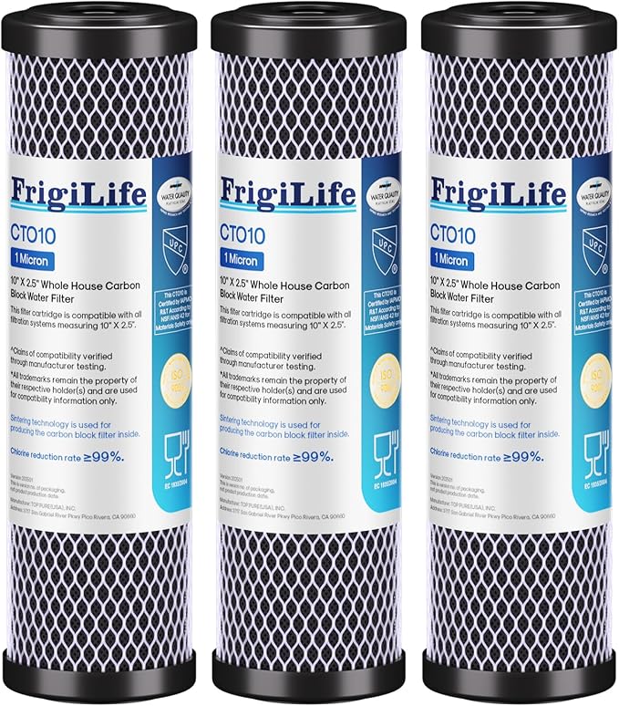 1 Micron 10" x 2.5" Whole House CTO Carbon Sedimen Water Filter Compatible