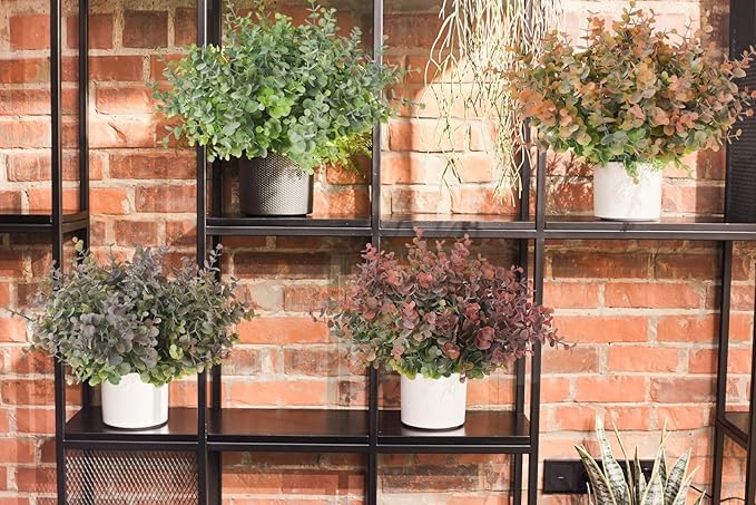 RECUTMS 8 Bundles Artificial Greenery Plants Stems Outdoor Fake Eucalyptus Plants Boxwood Bushes for Farmhouse Bathroom Office Vase Centerpiece Indoor Outdoor Decoration(Dusty Orange)