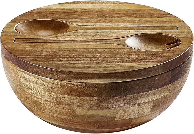 Wooden Salad Bowl, Salad Bowls, 11.8" Large Salad Bowl with Serving Utensils, Big Wood Serving Bowls for Food, Fruits, Salad, Cereal, Corn flake, Pasta