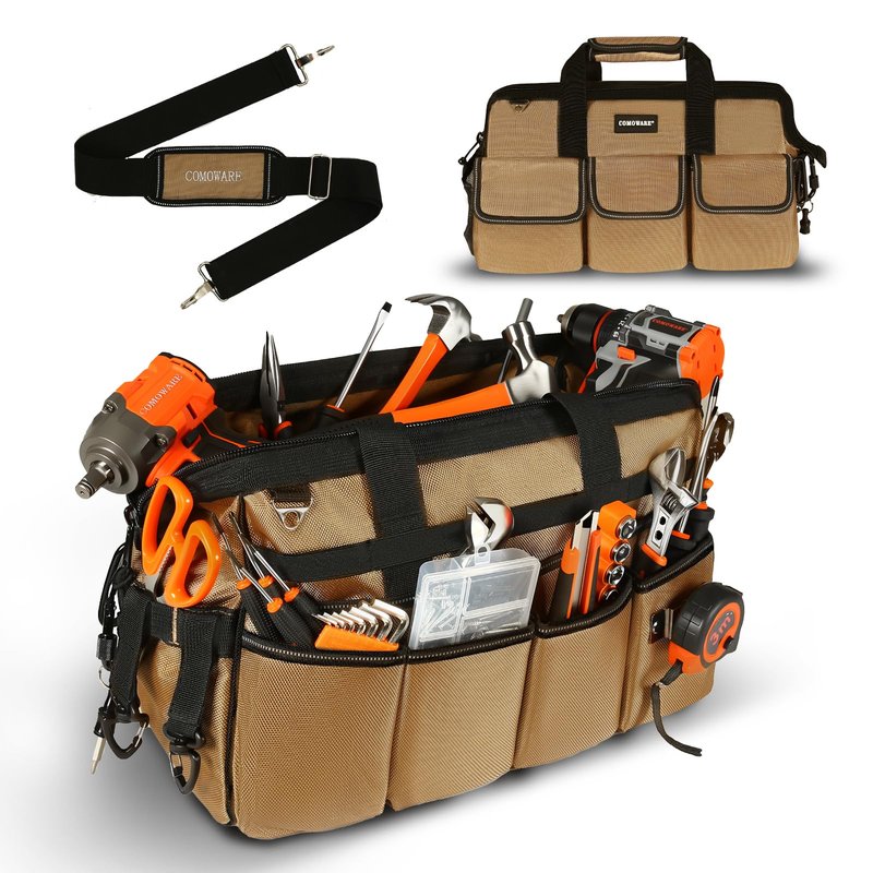 COMOWARE 16" Tool Bag, 19-Pocket Heavy Duty Tool Organizer with Adjustable 51.2" Shoulder Strap, 1680D Oxford Fabric & PVC Coating, Reflective Strips, Tactical Loops, Mechanics, Plumbers, DIY
