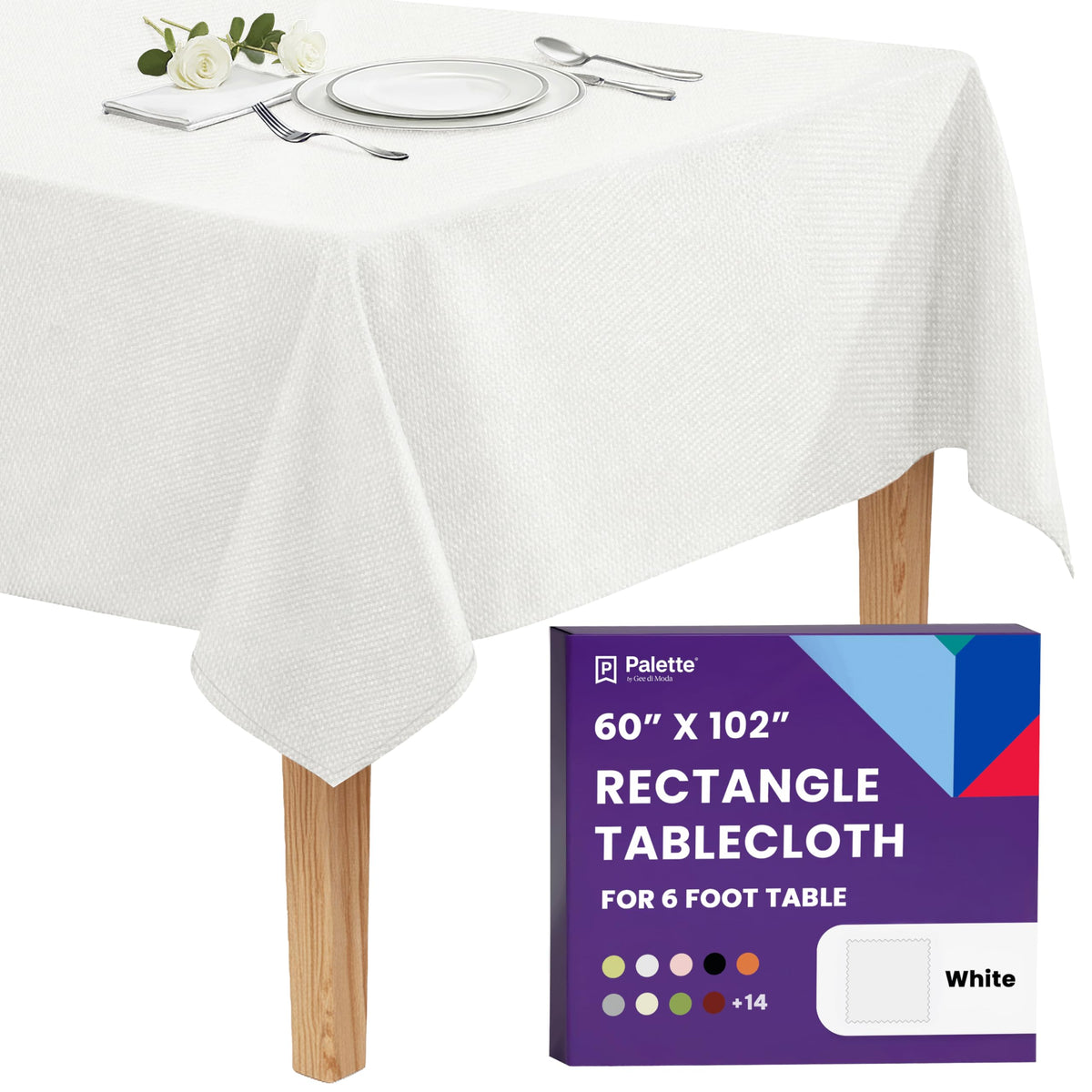 Gee Di Moda Rectangle Tablecloth - 60 x 102 Inch White Table Cloth for 6 Foot Rectangle Tables - Heavy Duty Washable Fabric - for Holiday Party, Dinner, Weddings, Baby Shower & Events