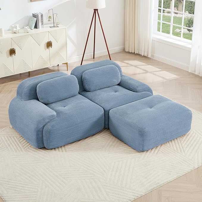 Blue Ottoman for Modular Sectional Sofa, Corduroy Deep Seat for Oversized Compressed Boneless Sectional Couches for Living Room Bedroom Apartment, Cloud Sofa Couch Set, Memory Foam, No Assembly