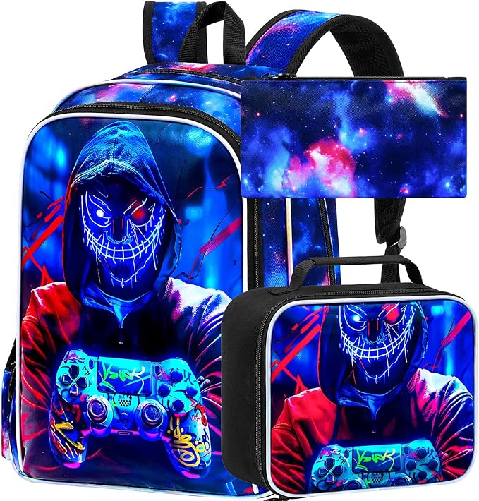KLFVB 3PCS Backpack for Boys, 17" Kids Gaming Bookbag and Lunch Box, Water Resistant School Backpack for Teenagers Middle Elementary - Demon Game