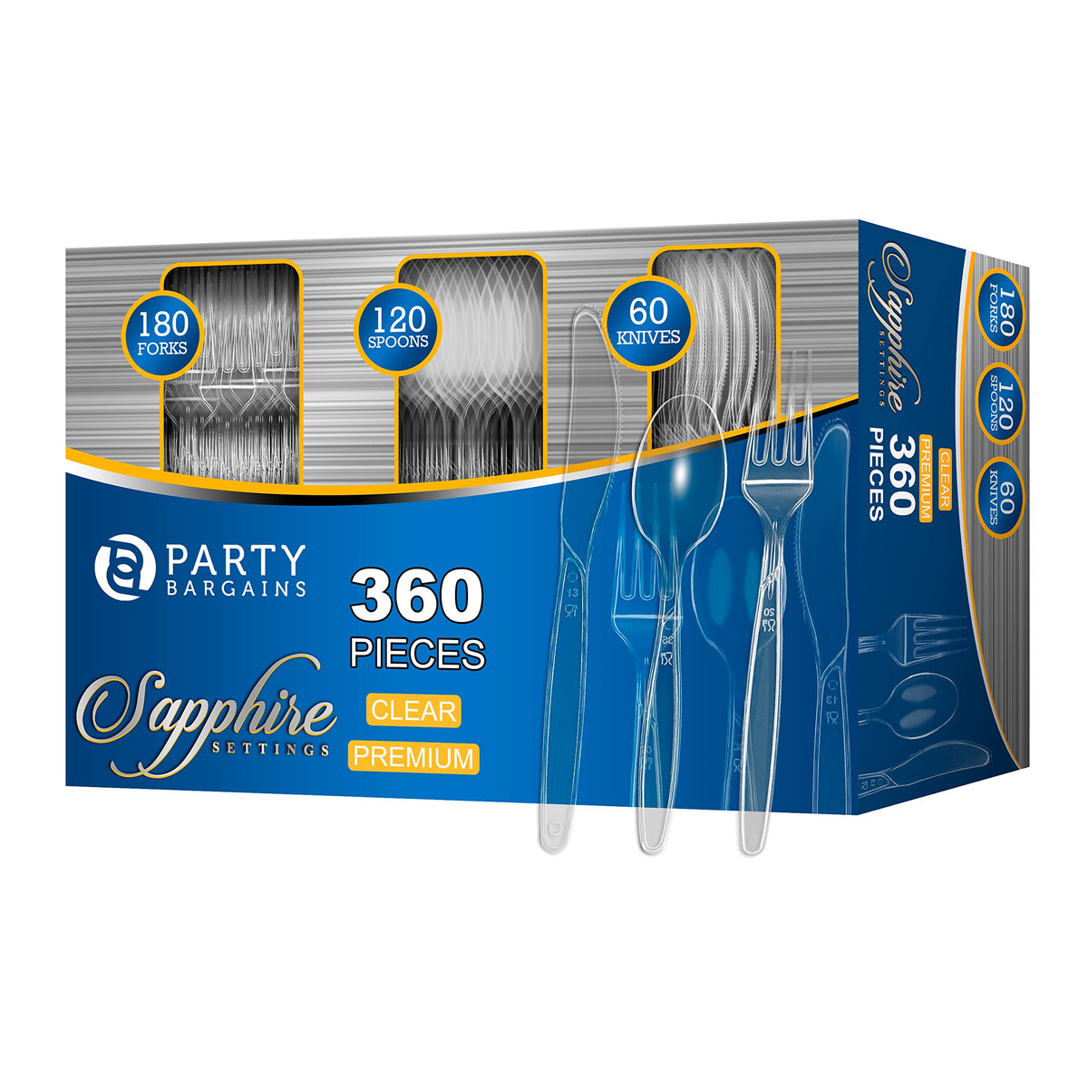 PARTY BARGAINS Disposable Cutlery Set 1440-Piece – Sapphire Settings Clear Plastic Forks Spoons Knives – Heavy-Duty Utensils for Parties Catering Weddings & Events – BPA Free