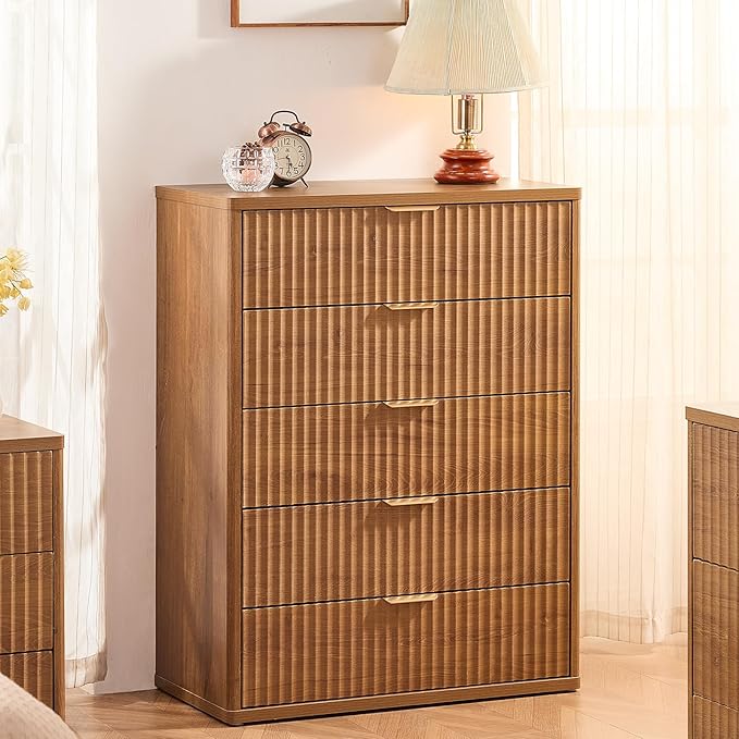 LEYAOYAO Fluted 5 Drawers Dresser Set of 2, 41" Tall Modern Chest of Drawers with Metal Handle, Curved Profile Dresser TV Stand, Wooden Drawer Organizer for Bedroom, Living Room, Hallway, Navy Blue