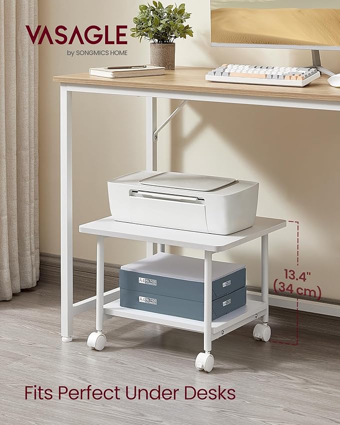 VASAGLE Heavy-Duty Printer Stand with Locking Wheels, 2-Tier Industrial Mobile Cart with Storage Shelf, Under Desk Printer Table for Home, Office, 13.4" Height, White UOPS002W01