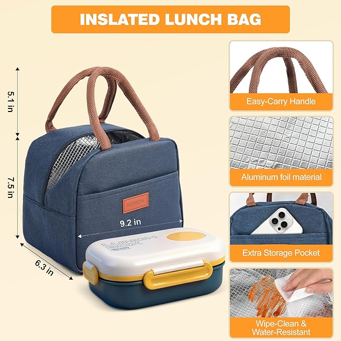 Lunch Bento Box Set - 3 Compartment Containers for Kids and Adults,lunch box for women with Thermo Lunch Bag, Leak-Proof and BPA-Free - Built-in Utensil Set,Sauce - Dishwasher Safe-Blue