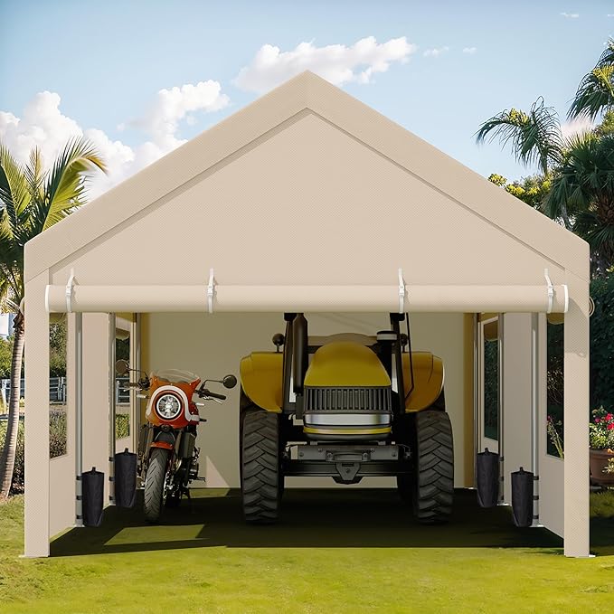 JY QAQA Carport, 10x20 FT Heavy Duty Carport Reinforced Steel Poles with Removable Sidewalls & Doors,Roll-up Windows Car Canopy with Sandbags and All-Season Tarp for Car Boat Truck Motorcycle