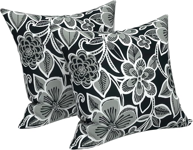 LVTXIII Outdoor Throw Pillows, Decorative Throw Pillows with Inserts, 20"x20" Square Pillows for Bed, Couch, Sofa and Patio Furniture, Set of 2, Flower Black
