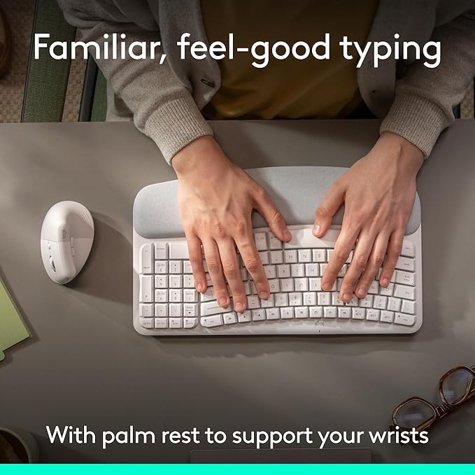 Logitech Wave Keys & Lift Vertical Mouse - Ergonomic Wireless Keyboard and Mouse Combo - with Cushioned Palm Rest, Easy-Switch, Bluetooth, for Multi-OS, Windows/Mac - Off-White