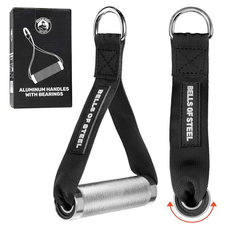 Bells of Steel Aluminum Cable Handles Updated Slimmer Strap, Smooth-Bearing Rotation, Light Knurling Grip, Rust-Resistant, Sold in Pairs