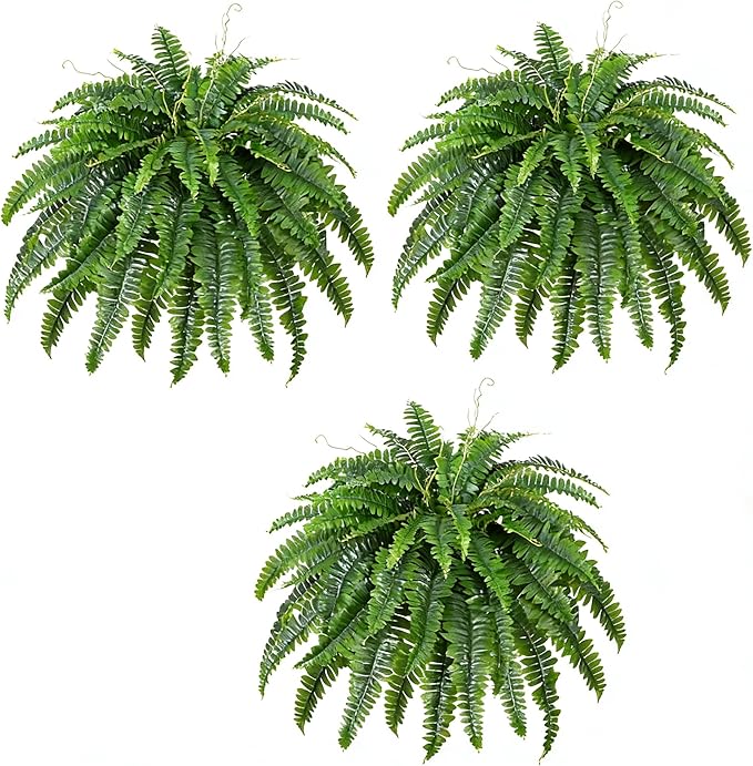 21in Ferns Artificial Bush Plants Large, 3 Artificial Boston Ferns with 54 Fronds for Home Garden Office Porch