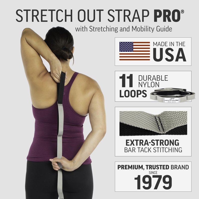 OPTP Stretch Out Strap Pro with Stretching Exercise Book, 11 Loop Stretching Strap for Yoga and Pilates, Physical Therapy Strap for Leg and Knee Recovery. Made in the USA