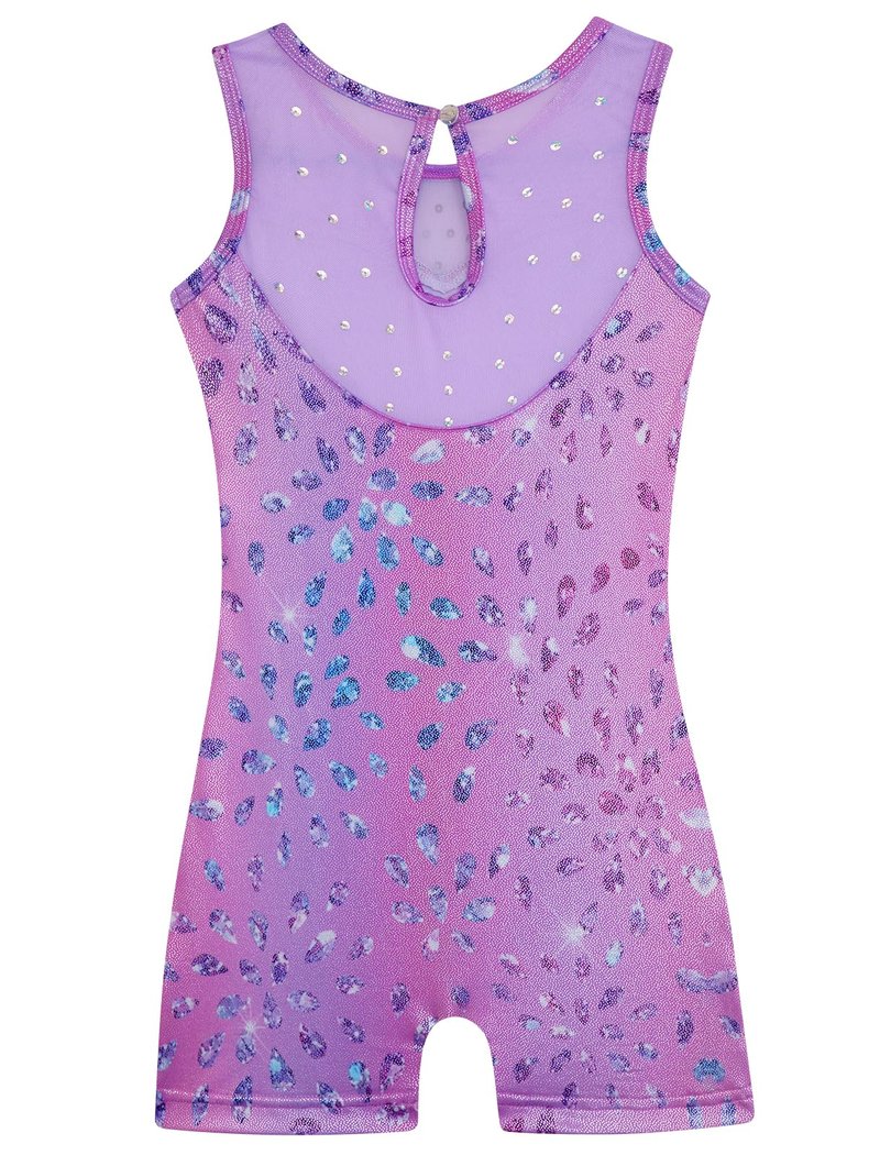 HOZIY Gymnastics Leotards for Girls Mesh Neckline with Iridescent Rhinestones Back Cut Out Sleeveless Size 5-6 Years Purple Diamonds Biketard Shorts Tumbling Outfits Toddler Kids Sparkly Shiny