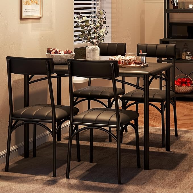 Kitchen Table and Chairs for 4, Rectangular Dining Set with Upholstered Chairs, Perfect for Small Spaces, Rustic Black