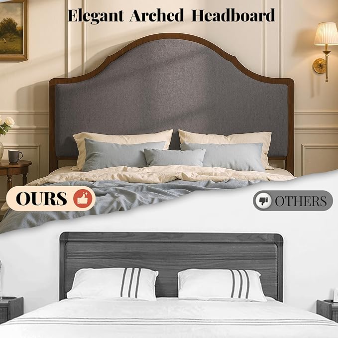 Jocisland Wood Full Size Bed Frame with Tall Upholstered Curved Headboard, Solid Wood Platform, No Box Spring Needed, Wood Slat Support, Brown