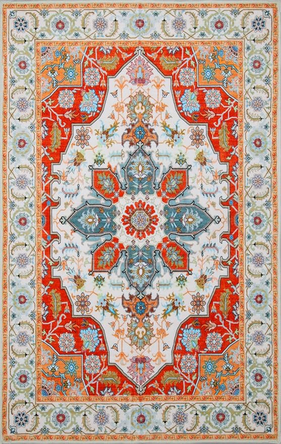 WILLSUN Washable Area Rugs, 2x3 Non-Slip Boho Small Area Rugs for Entryway, Kitchen, Bathroom, Machine Washable Vintage Rug, Indoor Floral Print Carpet for Home Decor, Kid & Pet Friendly Mat