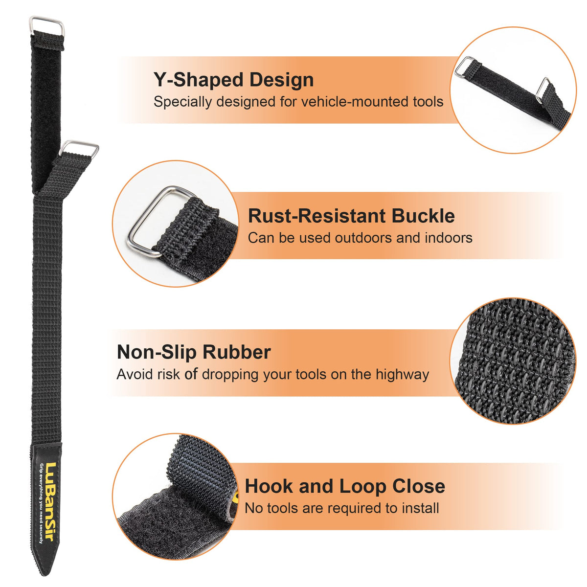 LuBanSir 4 Pack Shovel Holder for Roof Rack, 12" Adjustable Hook and Loop Straps for Mounting Tools and Equipment 0.86” to 2” in Diameter