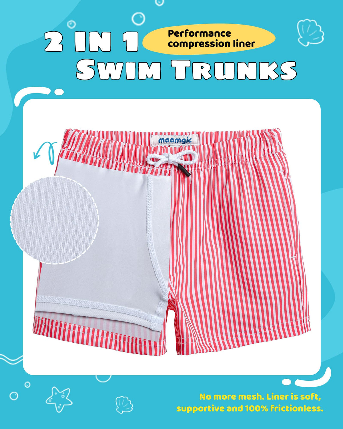 maamgic Boys Swim Trunks with Compression Liner Toddler Stretch Swim Shorts Quick Dry Swimming Trunks Boxer Brief 2 in 1 Beach Shorts Red Stripe 2T