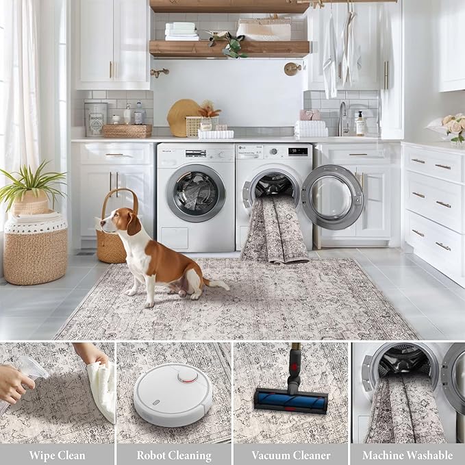 8x10 Area Rugs for Living Room Washable Non Slip Modern Large Rug Soft Faux Fur Low Pile Stain Resistant Vintage Euro Floral Boho Design Big Carpet Rug for Bedroom Dining Room Family Room,Neutral Grey
