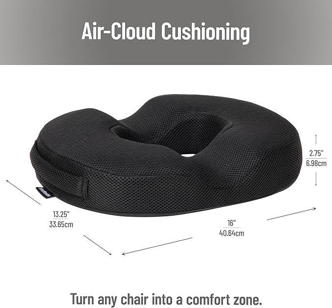 Mind Reader Air-Cloud Gel Donut Pillow, Ergonomic Memory Foam Seat Cushion with Cooling Core, Tailbone, Hemorrhoid, Pregnancy Relief, Black