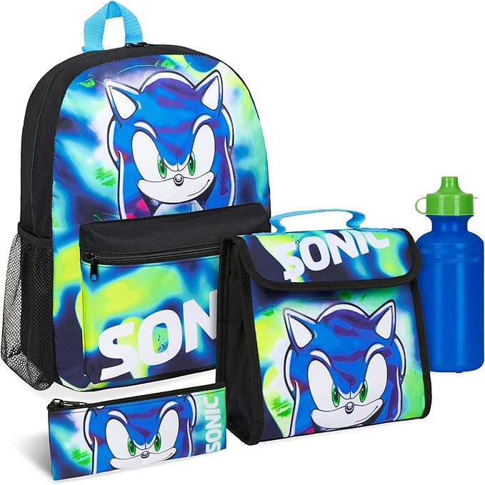 Sonic The Hedgehog Backpack Set 4 Pcs with Insulated Lunch Bag Water Bottle Pencil Case Shadow School Supplies Gift for Kids (Sonic 4 Pcs Set)