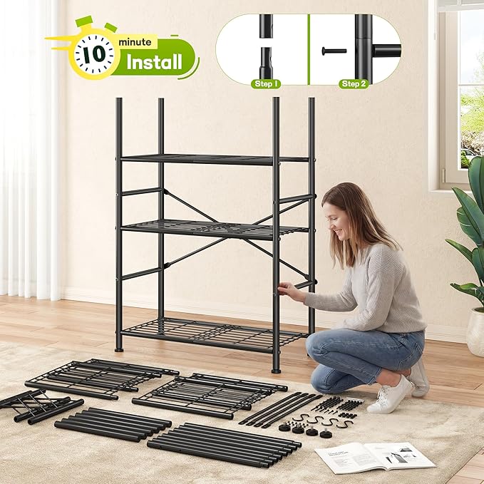 5-Storage Shelves Wire Shelving with Hooks, Metal Shelving Units Shelf Organizer, Wobble-Free Storage Rack with Adjustable Leveling Feet for Kitchen Pantry Laundry Bathroom Dorm,12"D x 30"W x 72"H