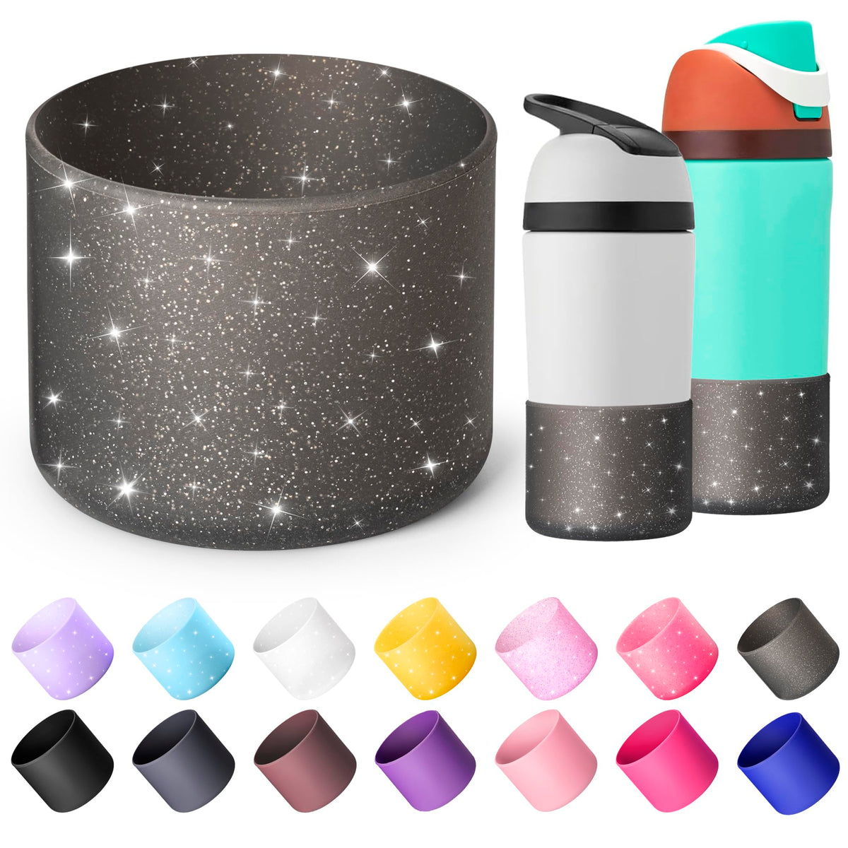 Diumepo Silicone Water Bottle Boot for Owala 14/16oz, Anti-Slip Protective Sleeve Bottom Bumper Protector for Owala 12 oz Tumbler, Flip 14 oz and FreeSip 16 oz Water Bottle (Glitter Black)